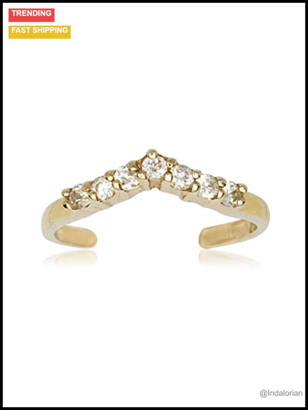 Solid 10K Gold Chevron Toe Ring with Simulated Diamond CZ, Adjustable Beach